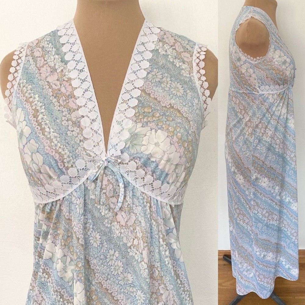 Vintage 60s Nylon Empire Nightgown *Small* Mod BLUE Semi-Sheer Floral Nightdress